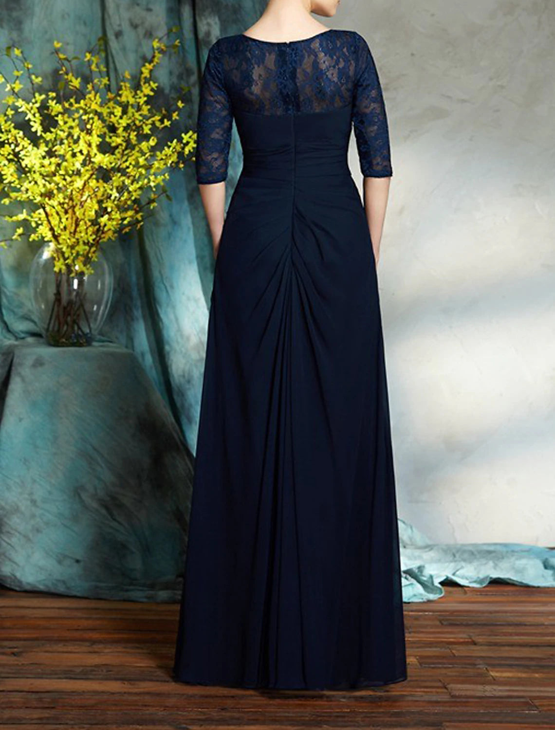 Wholesale A-Line Mother of the Bride Dress Wedding Guest Elegant Scoop Neck Floor Length Chiffon Half Sleeve with Lace Crystals Ruching